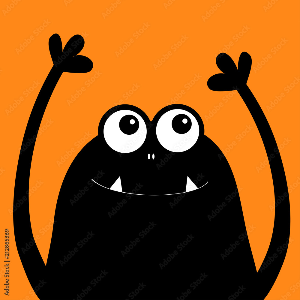 Monster head silhouette. Two eyes, teeth, fang, hands up. Black Funny Cute cartoon character. Happy Halloween card. Baby collection. Flat design. Orange background. Stock Vector | Adobe Stock Monster head silhouette. Two eyes, teeth, fang, hands up. Black Funny Cute cartoon character. Happy Halloween card. Baby collection. Flat design. Orange background. Stock Vector | Adobe Stock