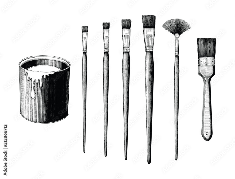Vintage paint brushes set and paint can hand drawing clip art isolated