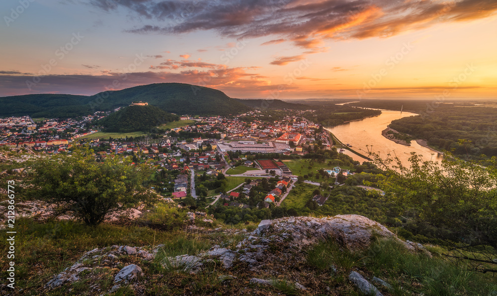View of Small City of Hainburg an der Donau with Danube River as Seen from Braunsberg Hill at Beautiful Sunset
