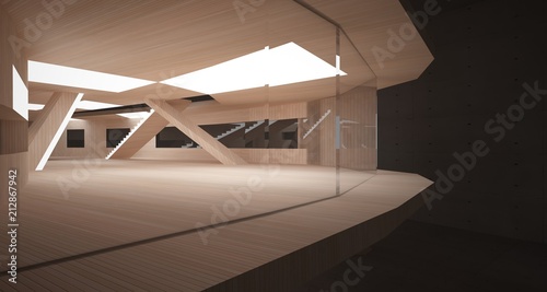 Abstract concrete and wood parametric interior with neon lighting. 3D illustration and rendering.