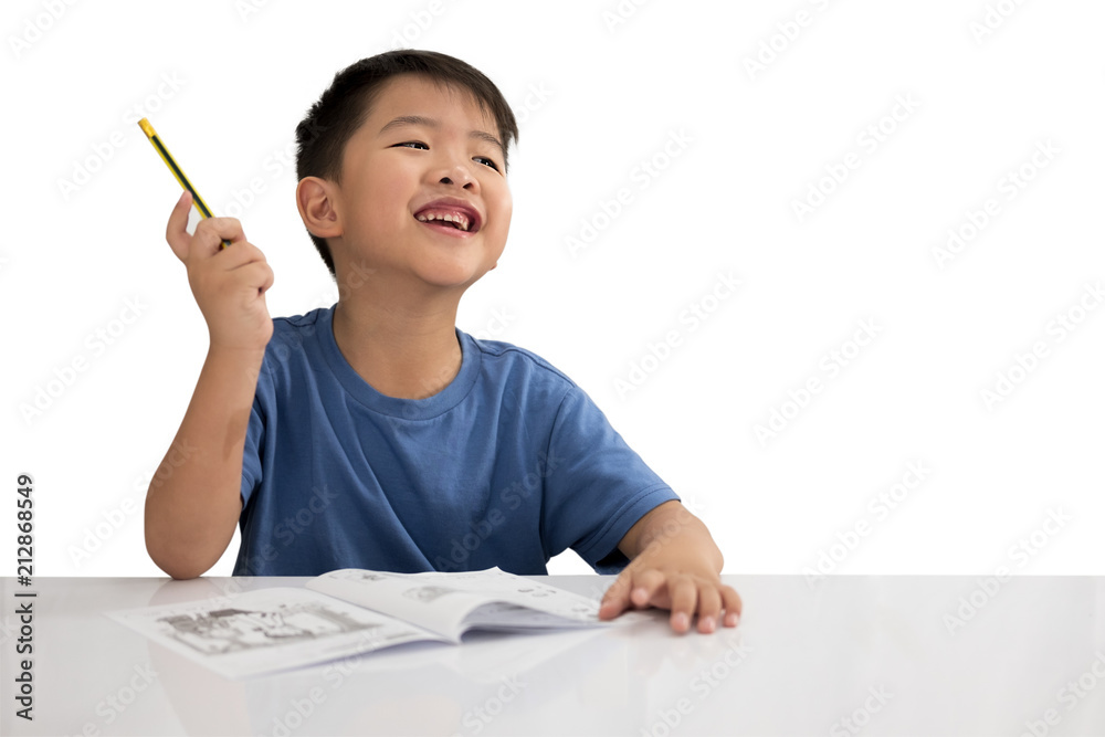 Asian boy raising his hand for idea concept, isolated on white background Asian boy raising his hand for idea concept, isolated on white background