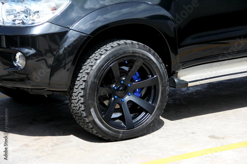 pickup truck's tire or tire wheel in the car parking