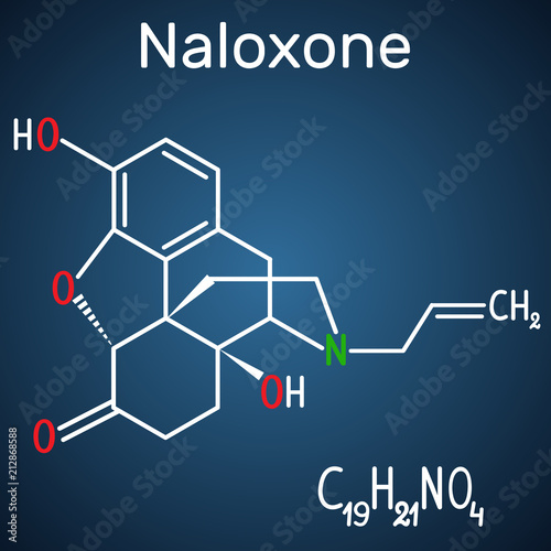 Naloxone molecule. It is used to block the effects of opioids, especially in overdose. Structural chemical formula and molecule model on the dark blue background