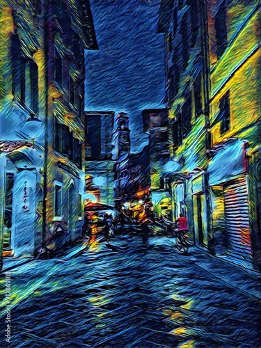 Old vintage night italian street. Traditional architecture of Italy. Big size oil painting fine art in Vincent Van Gogh style. Modern impressionism drawn. Creative artistic print for poster, postcard.
