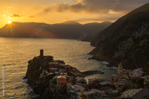 Vernazza at sunset, one of colorful villages of Cinque Terre, Italy
