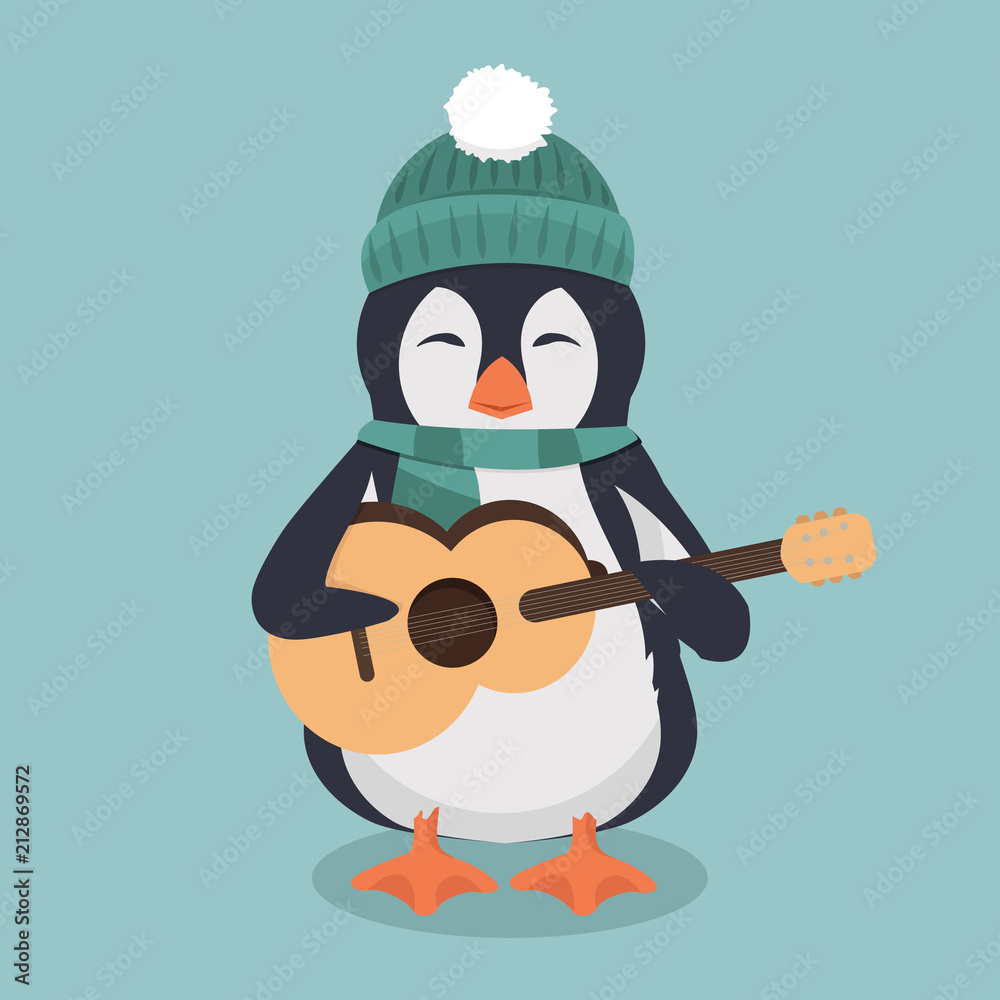 Fototapeta premium pingwin w zielonym kapeluszu i szaliku z gitarą