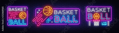 Basketball neon sign collection vector. Basketball Design template neon sign, light banner, neon signboard, nightly bright advertising, light inscription. Vector illustration