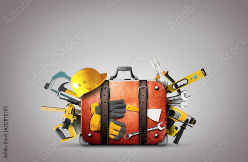 Construction tools and helmet in a bag