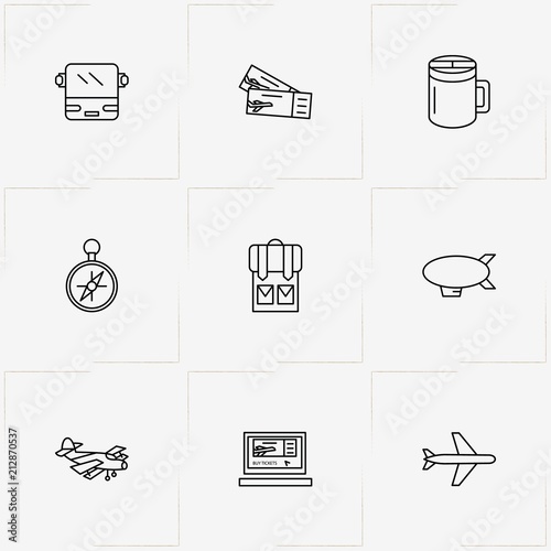 Tourism line icon set with compass, airplane tickets and jug thermos