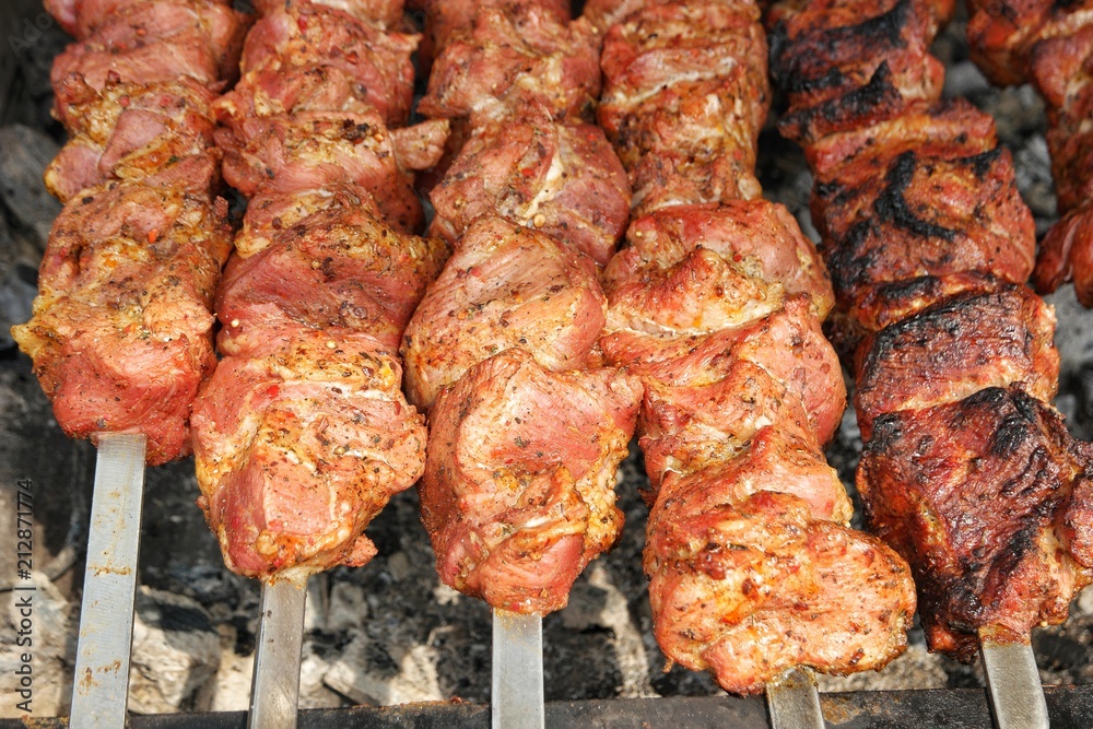 Рieces of meat cooked on the grill, .Festival of Ukrainian national cuisine in the open air.Ivano-Frankivsk, Ukraine