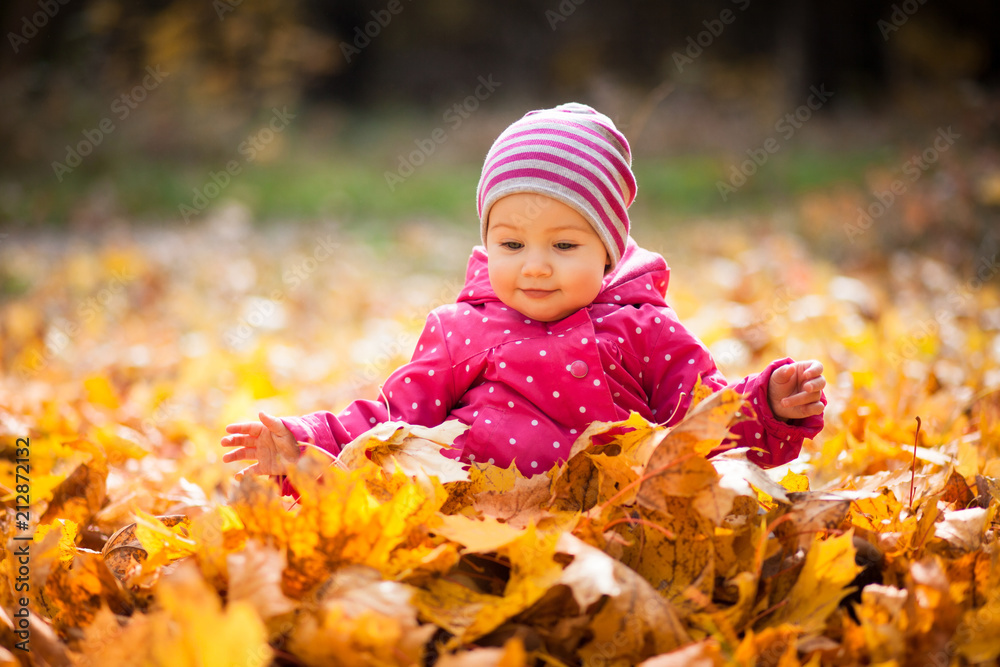 Little kid is playing and sitting in fallen leaves in autumn park. Baby smiles. Girl is dressed in warm hat, jacket. Little kid is playing and sitting in fallen leaves in autumn park. Baby smiles. Girl is dressed in warm hat, jacket.