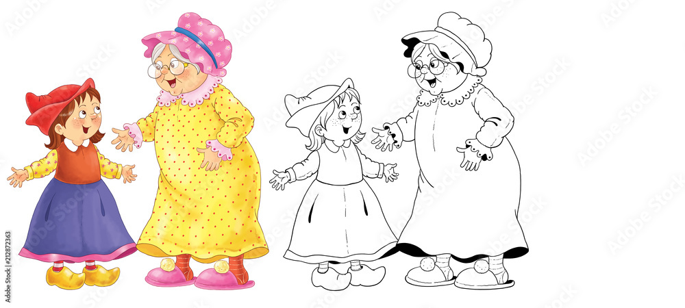Little Red Riding Hood and others. Fairy tale. Coloring book. Coloring page. Cute and funny cartoon characters