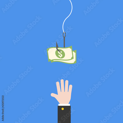 Business hand try to catch banknotes on fishhook, flat design