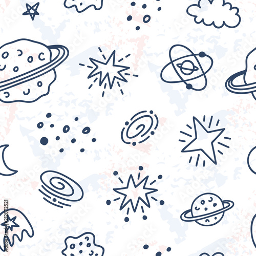 Outer Space childish seamless pattern with stars, comets, cosmic elements