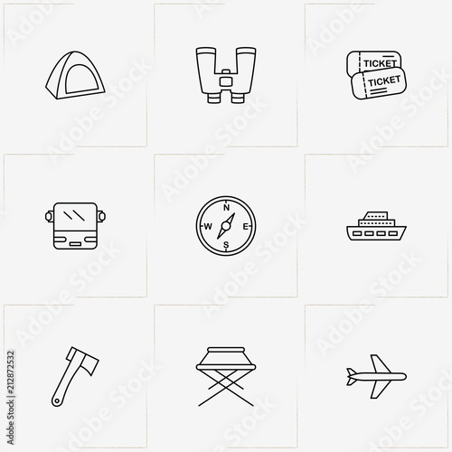 Tourism line icon set with ship, bus  and airplane