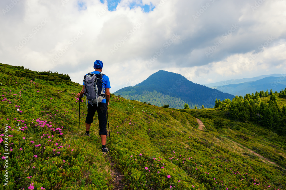 Obraz premium Adventurer walks along the mountain trail