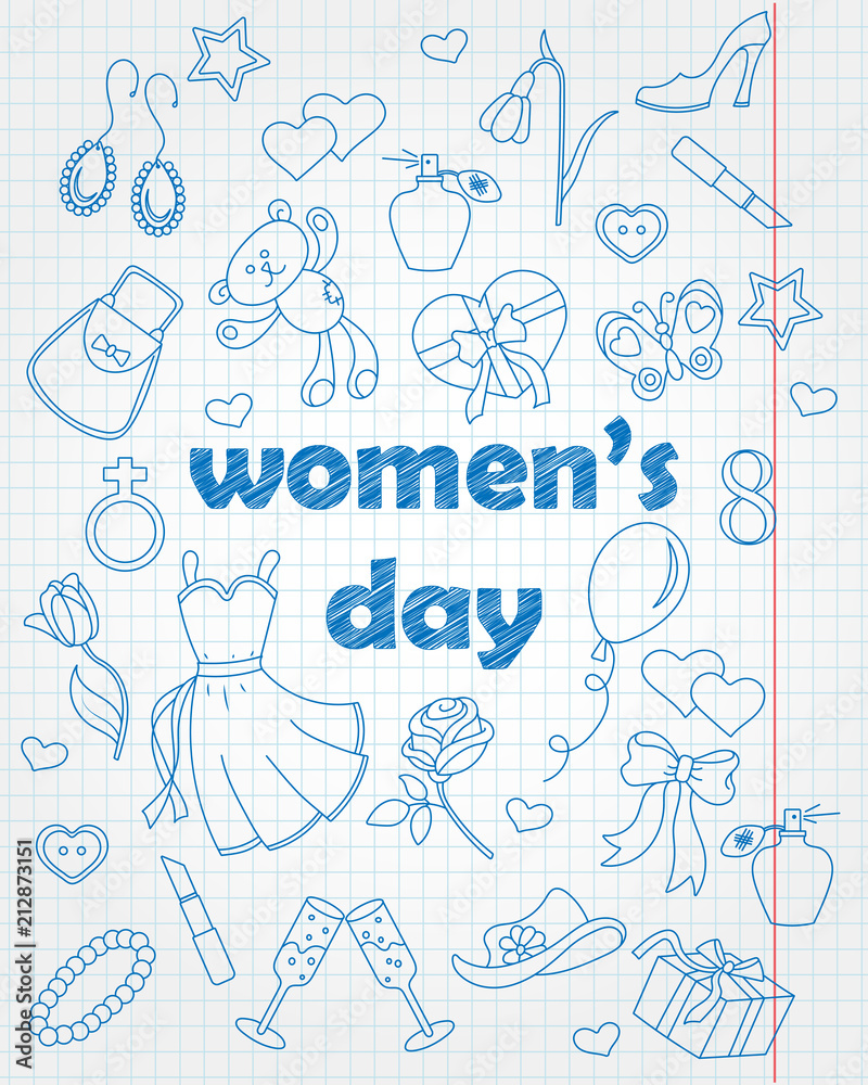 Set contour cartoon of icons on a theme day in honor of women, simple contour icons, blue contour icons on the clean writing-book sheet in a cage Set contour cartoon of icons on a theme day in honor of women, simple contour icons, blue contour icons on the clean writing-book sheet in a cage