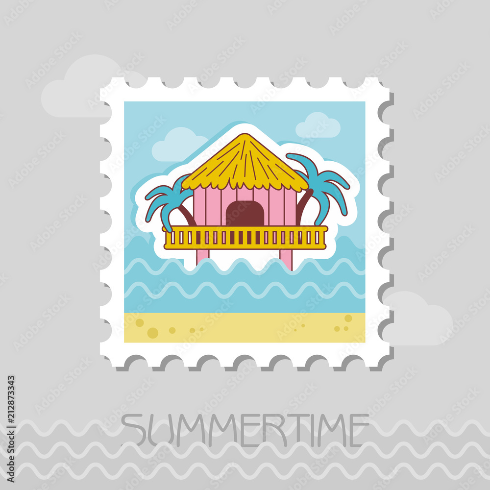 Bungalow with palm trees stamp. Summer. Vacation