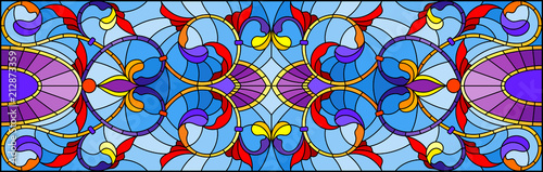 Illustration in stained glass style with abstract  swirls,flowers and leaves  on a blue background,horizontal orientation