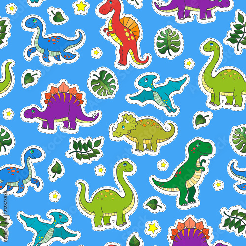 Seamless pattern with colorful dinosaurs and leaves patch icons on blue background