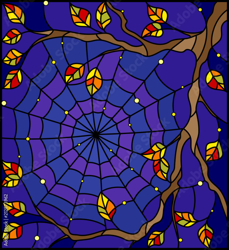 Illustration in stained glass style with cobwebs on the branches of a tree against the starry night sky
