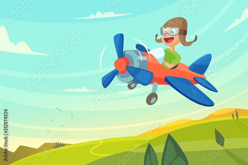 Boy flying in airplane. Funny cartoon illustration