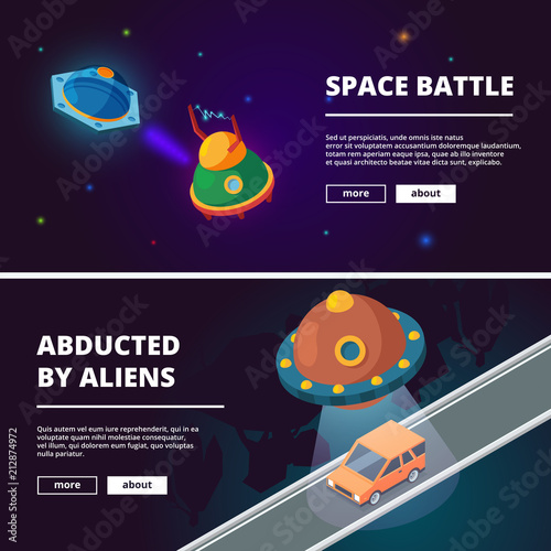Spaceships cartoon. Vector isometric pictures isolate