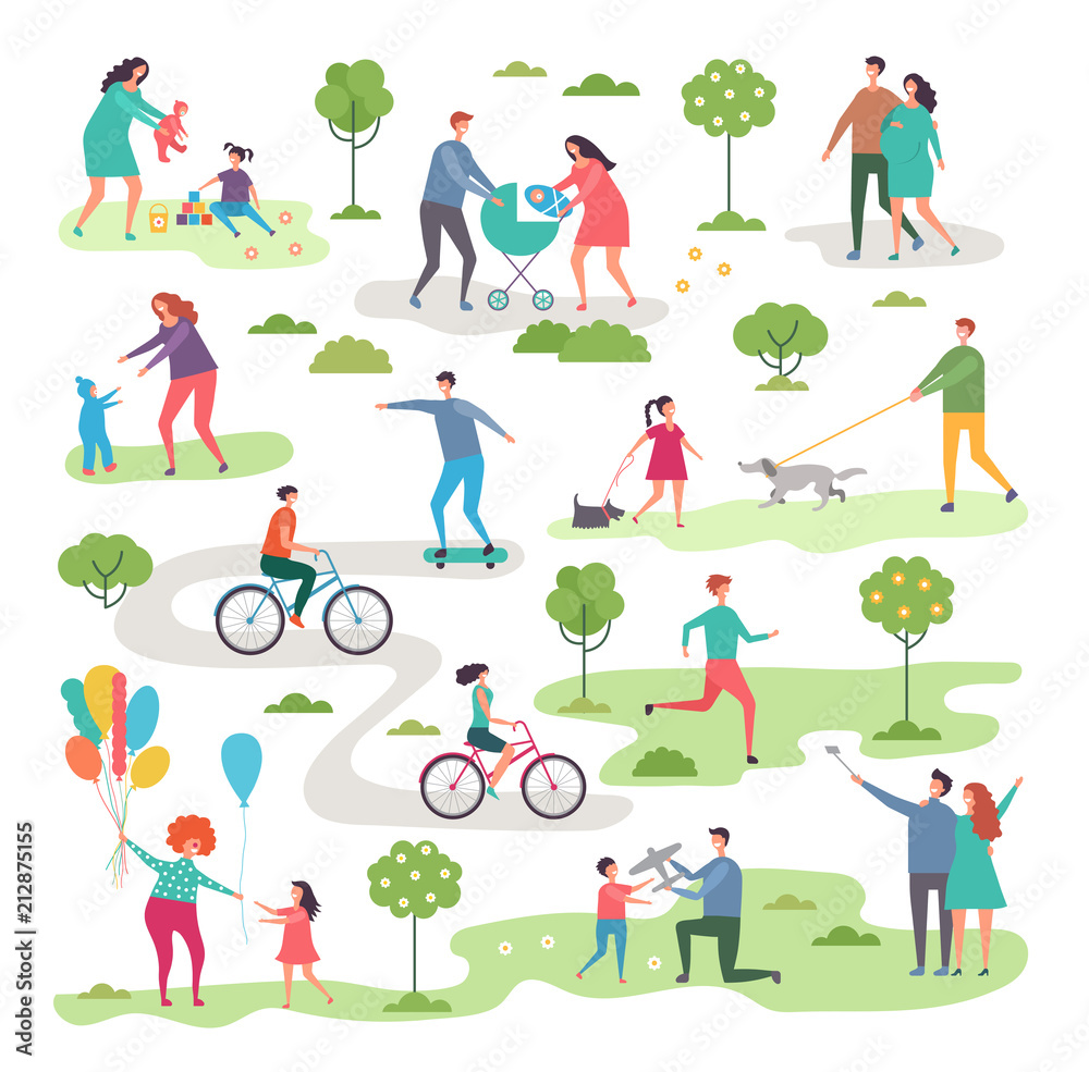 Naklejka premium Outdoor activism in urban park. Bicycle riders and walking peoples