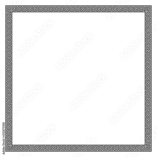 Square frame made of seamless meander pattern. Meandros, a decorative border, constructed from continuous lines, shaped into a repeated motif. Greek fret or Greek key. Illustration over white. Vector.