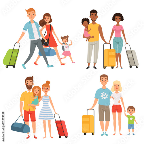 Various characters of happy family at summer travelling