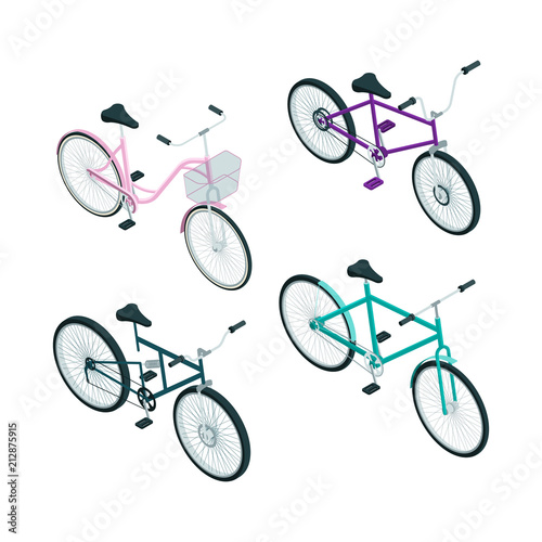 Isometric bikes. Vector 3d pictures of transport