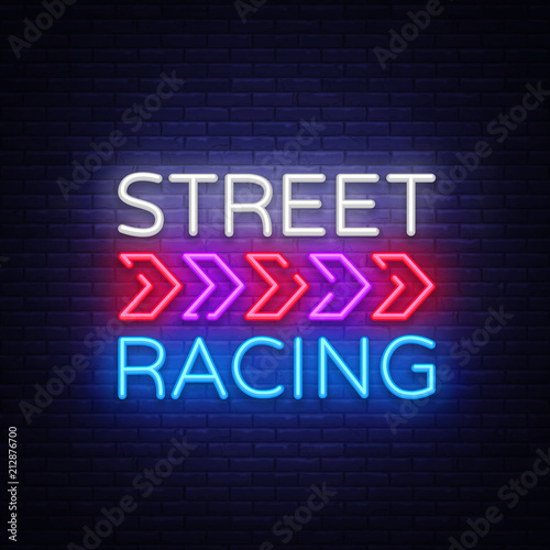 Street Racing Night Neon Logo Vector. Racing neon sign, design template, modern trend design, sports neon signboard, night bright advertising, light banner, light art. Vector illustration