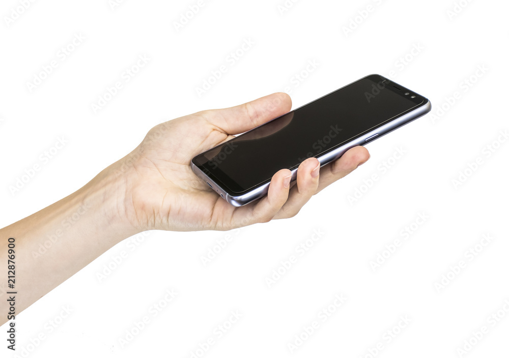 Woman hand holding smartphone isolated on white background.