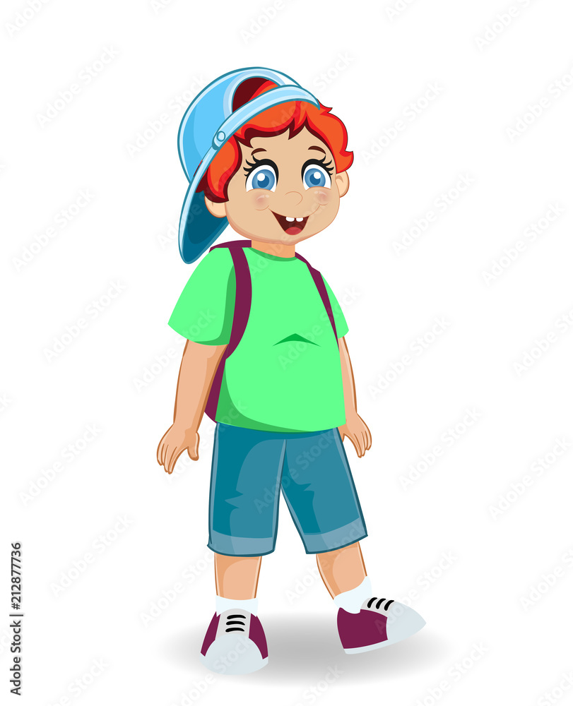 Little cheerful boy with student bag character clip art.