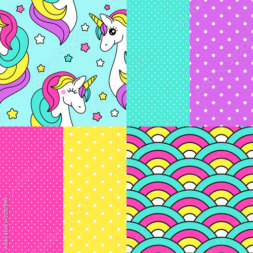 Cute set of childish seamless patterns with cartoon character of magic unicorn