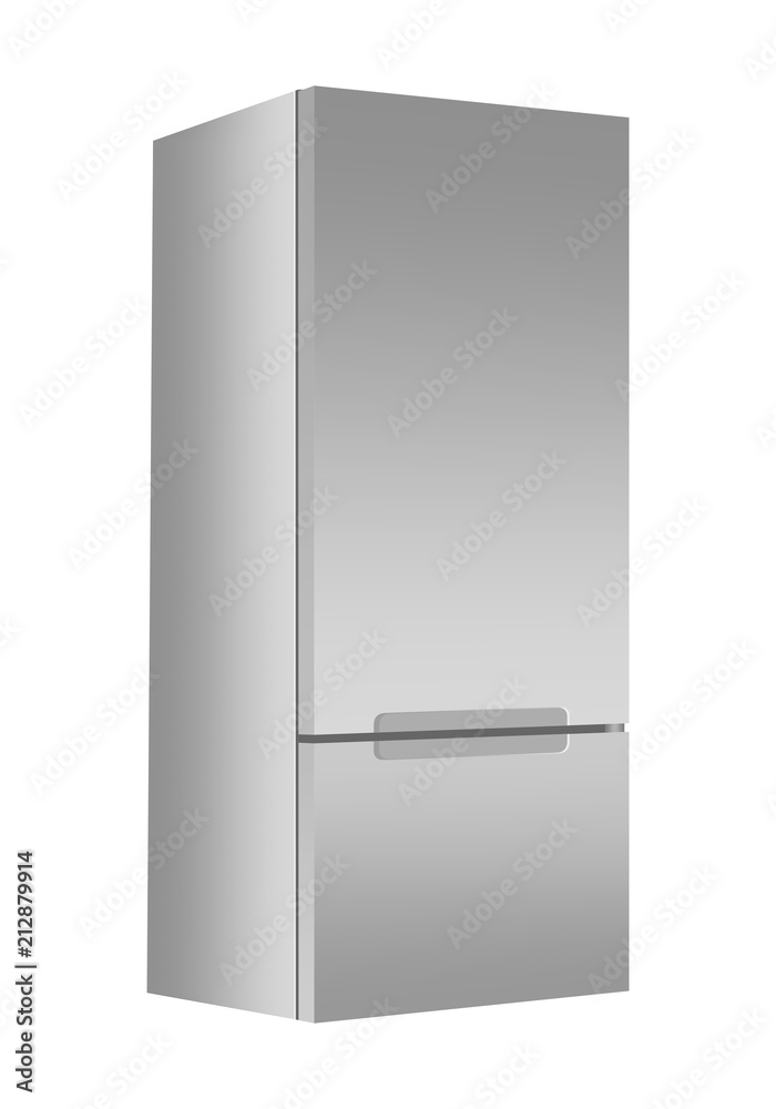 Silver refrigerator with freezer on white background. Modern 3d fridge with door. Home kitchen electrical appliance. Silver refrigerator with freezer on white background. Modern 3d fridge with door. Home kitchen electrical appliance.