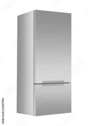 Silver refrigerator with freezer on white background. Modern 3d fridge with door. Home kitchen electrical appliance.
