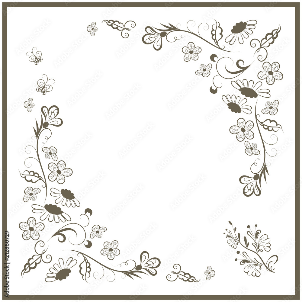 Vector floral ornament in a square, design of a scarf, bandanas, hijab, napkins drawing contour line from a hand on a light background