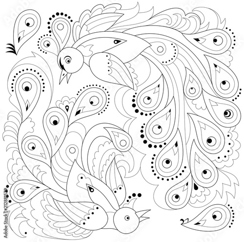 Black and white page for coloring. Fantasy drawing of couple flying fairyland birds. Worksheet for children and adults. Vector image.
