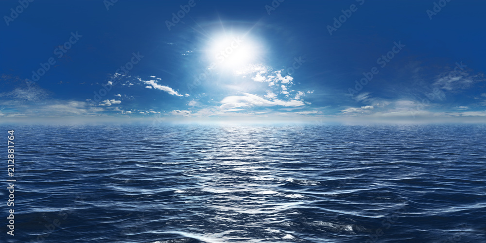 Naklejka premium Morze, słońce i małe chmury Panorama 360 °