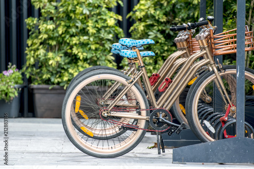 Bike rental service for sustainable transportation for tourist people. Bicycle parking and empty copy space for Editor's text.