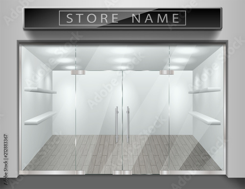 Template for advertising store front facade. Realistic Exterior empty shop with window. Blank mockup of stylish glass street shop. Vector illustration