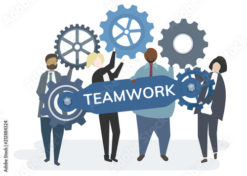 Illustration of character with cogwheel gears portraying teamwork concept