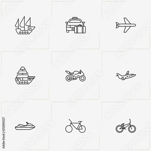 Transport line icon set with airplane, water scooter and bicycle