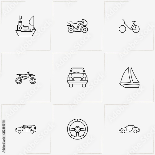 Transport line icon set with yacht, steering wheel and car