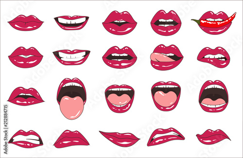 Lips patch collection. Vector illustration of sexy doodle woman lips expressing different emotions, such as smile, kiss, half-open mouth, biting lip, lip licking, tongue out. Isolated on white.