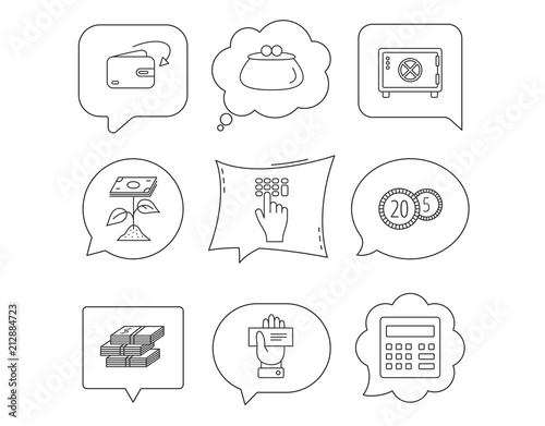 Cash money, safe box and calculator icons.