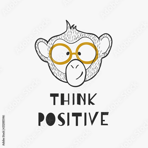 A cute outline monkey head with motivational phrase - Think Positive.