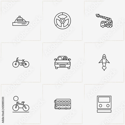 Transport line icon set with train, double decker bus  and rocket