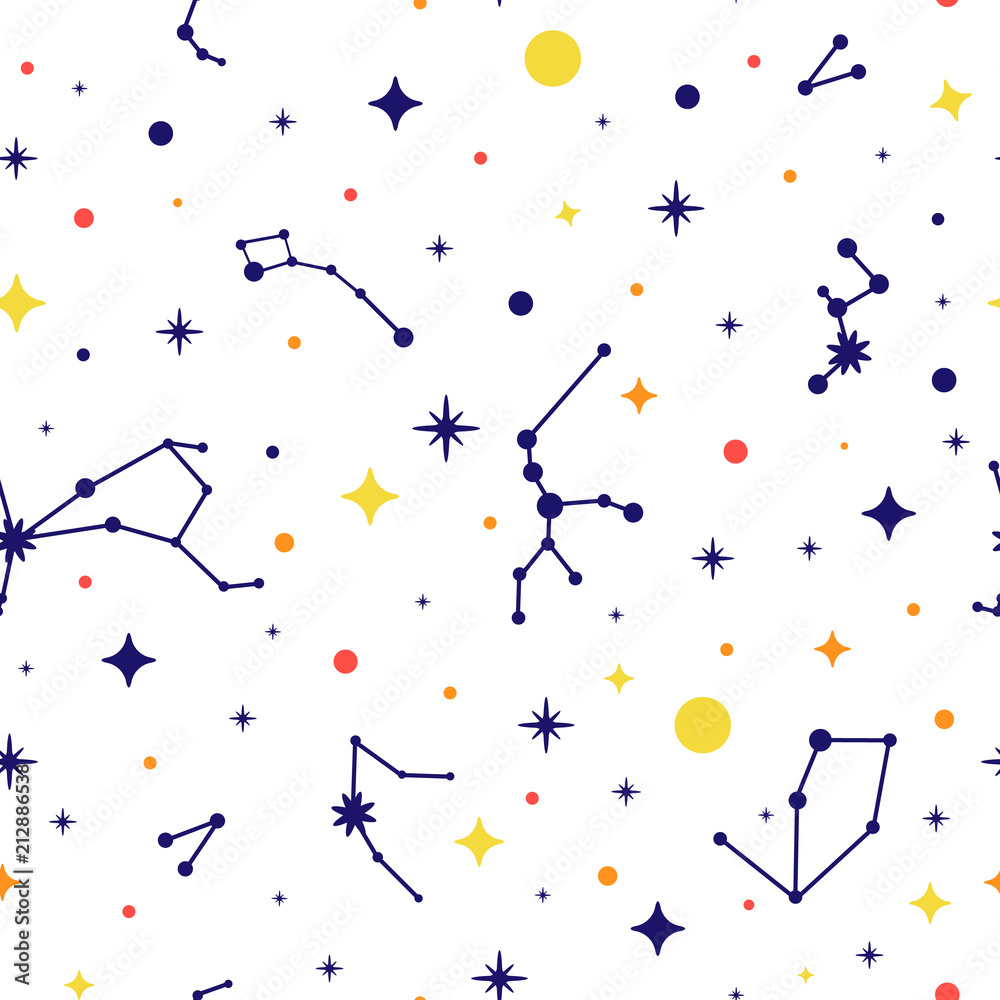 Naklejka Constellation seamless pattern. Space background. Space pattern with stars, constellations. Vector illustration for print, card, poster, brochure, textile
